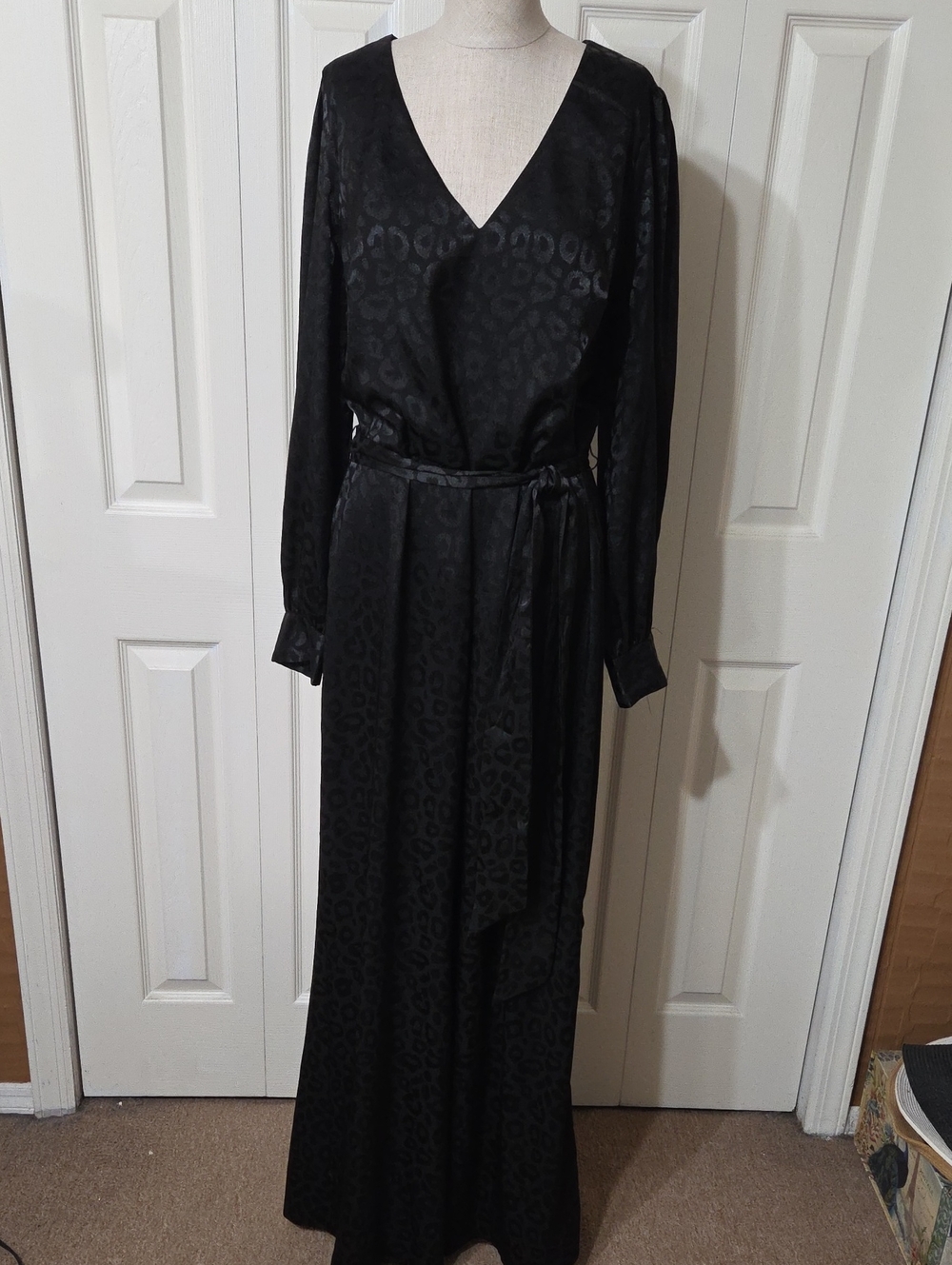 White House Black Market Black Leopard-Jacquard Long Sleeve Maxi Jumpsuit